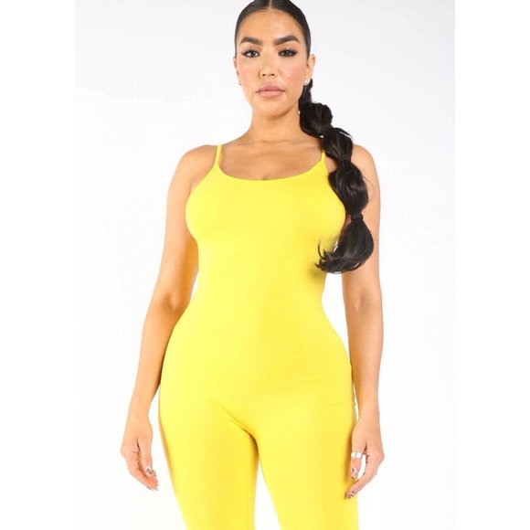 Women's Spaghetti Strap Yellow Bodycon Tank One Piece Jumpsuits Rompers S M L - Picture 9 of 9